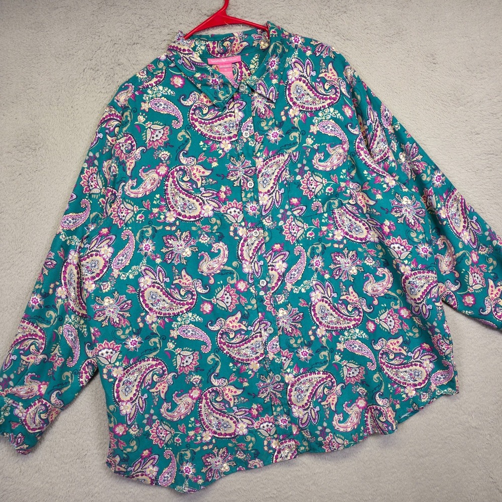 Woman Within Blouse Womens 1X Green Paisley Floral Relaxed Boho Teacher Shirt